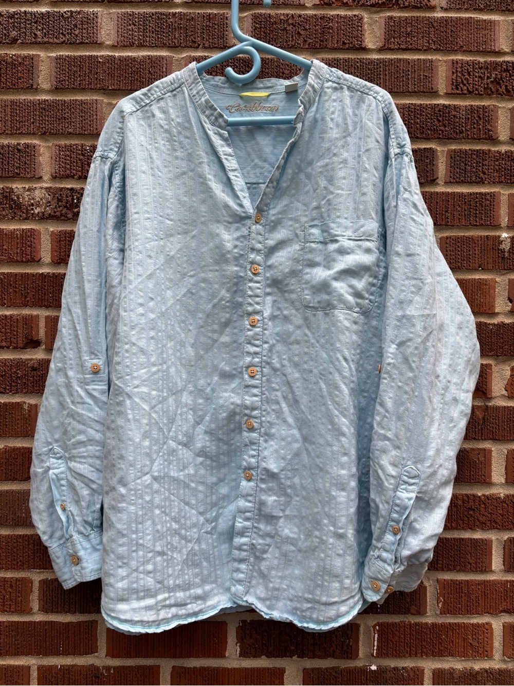 Caribbean Men’s 2XB Linen Blend Button Up Light Blue Shirt Roll Tab Sleeve